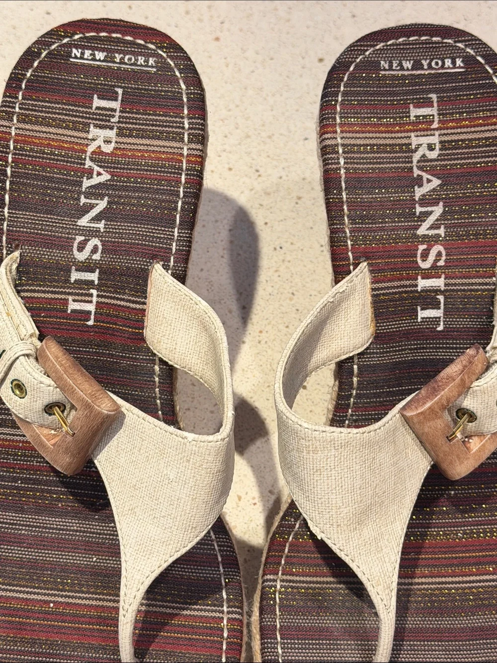 New York Transit Cream Wedge Thong Sandals with Wooden Buckle